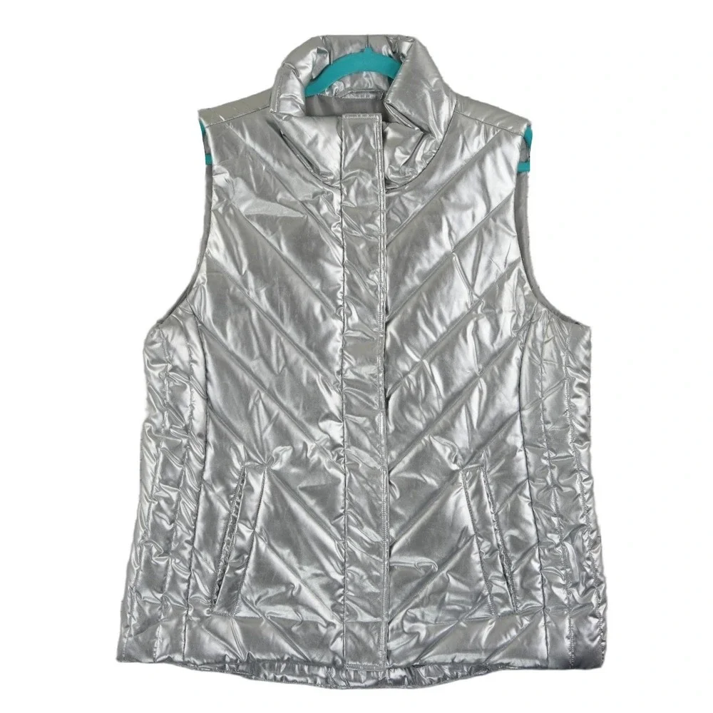 T by Talbots Puffer Vest Women's Size XL Silver Metallic Chevron Quilted - Picture 2 of 7